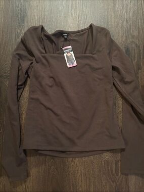 Express Brown Long-Sleeve Square Neck Top